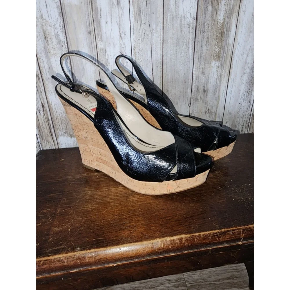 Women's Nine West Black Patent Cork Wedge Sandals Size 10 - Picture 4 of 10
